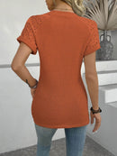 Trendy Hollow Out Waffle Knit Short Sleeve T-Shirt - Soft Stretchy Fabric, Eyelet Detail - Store 42