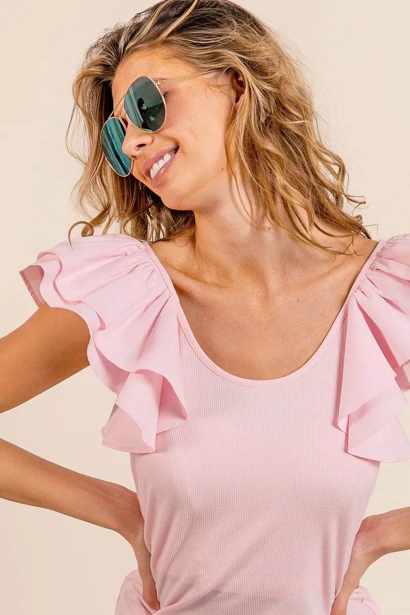 BiBi Wide Layered Ruffle Sleeve Scoop Neck Ribbed Top