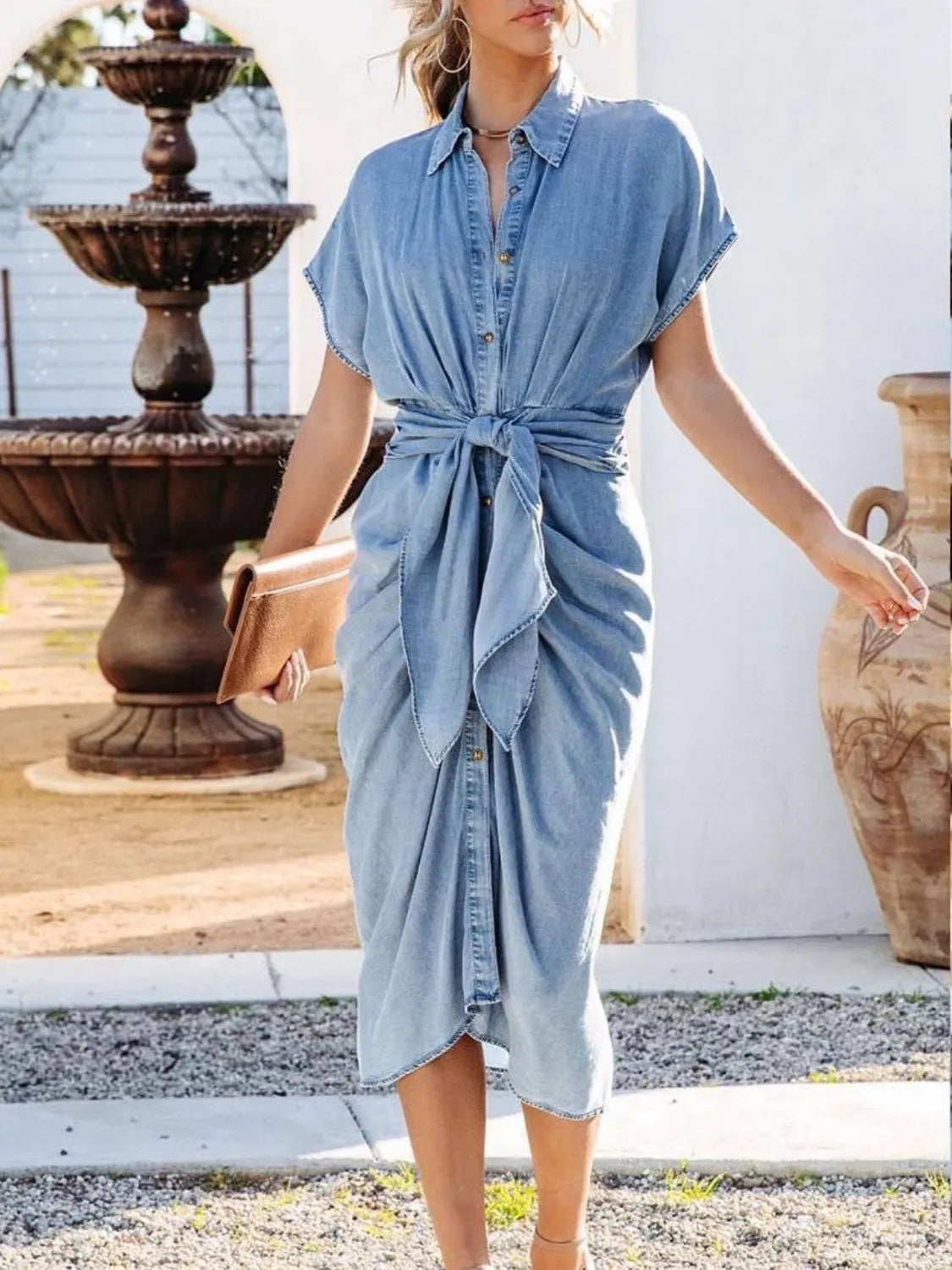 Trendy Collared Neck Tied Waist Denim Dress with Short Sleeves - 90% Viscose, Machine Washable