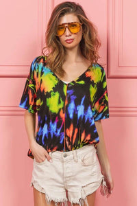 Trendy Tie Dye Print V-Neck Top in Soft Cotton - Chic Jersey Stitched Design - Store 42