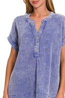 Zenana Washed Double Gauze 3/4 Button Henley Neck Shirt