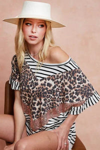 BiBi Stripe Rayon Span Knit Color Block Top With Leopard - Store 42