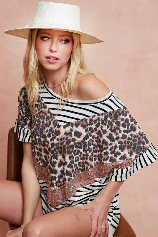BiBi Stripe Rayon Span Knit Color Block Top With Leopard - Store 42