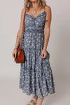 Floral Spaghetti Strap Frilled V Neck Tiered Midi Dress Dusty Blue