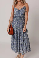 Floral Spaghetti Strap Frilled V Neck Tiered Midi Dress Dusty Blue