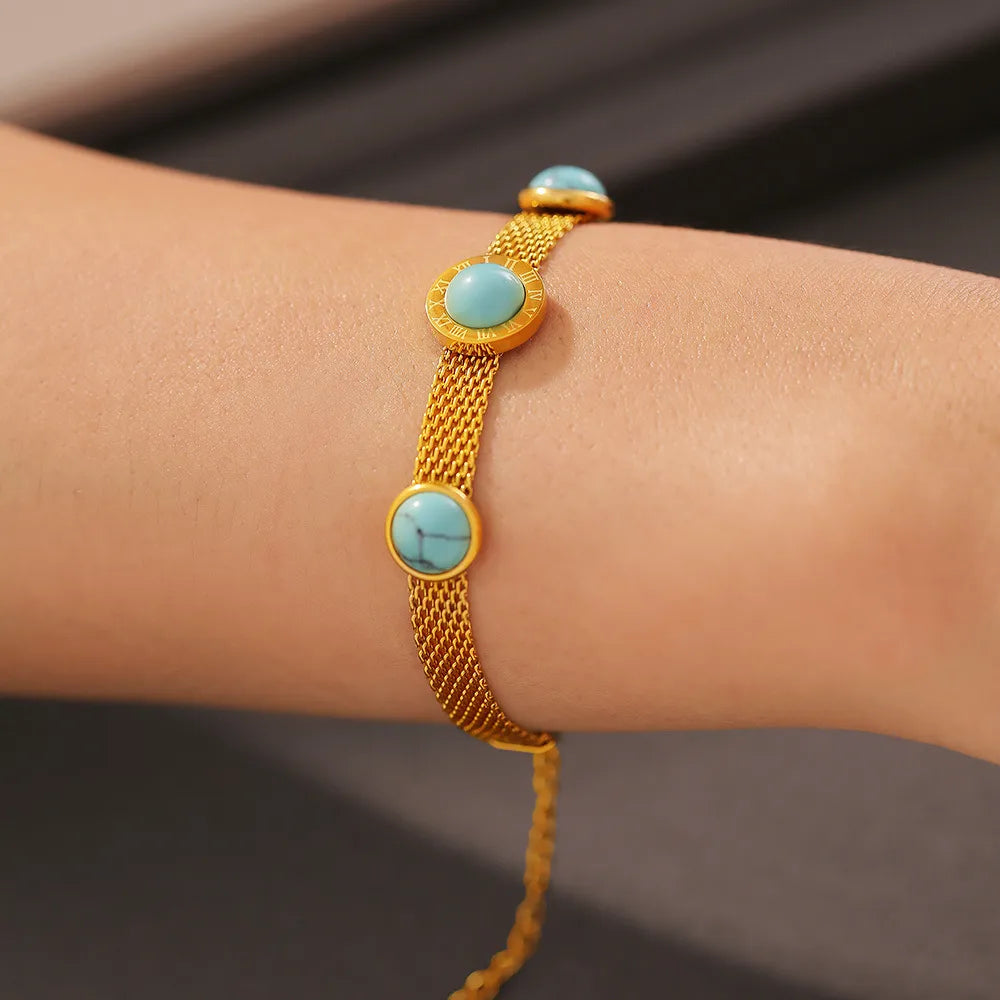 Turquoise & Gold-Plated Titanium Steel Bracelet - Elegant 5.9-Inch Design with Extension