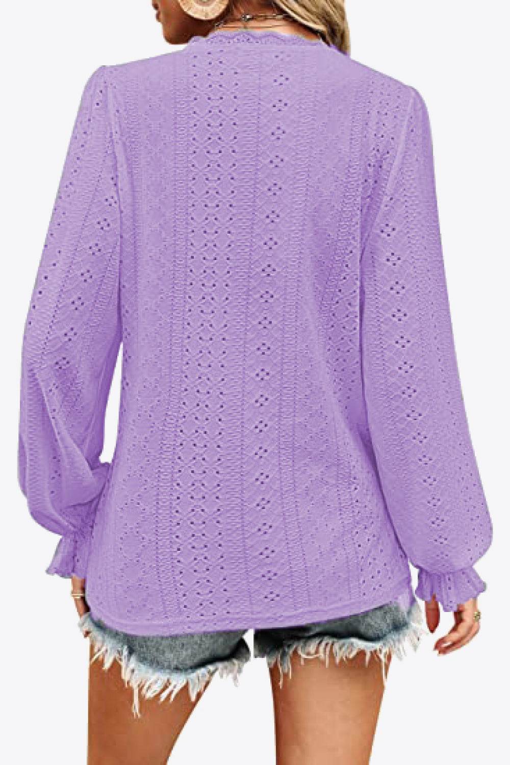 Trendy Eyelet V-Neck Blouse with Flounce Sleeves - Opaque, Highly Stretchy, Lined - 100% Polyester - Store 42