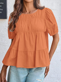 Round Neck Puff Sleeve Tiered Blouse Orange