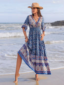 Ruched Printed Flounce Sleeve Midi Dress