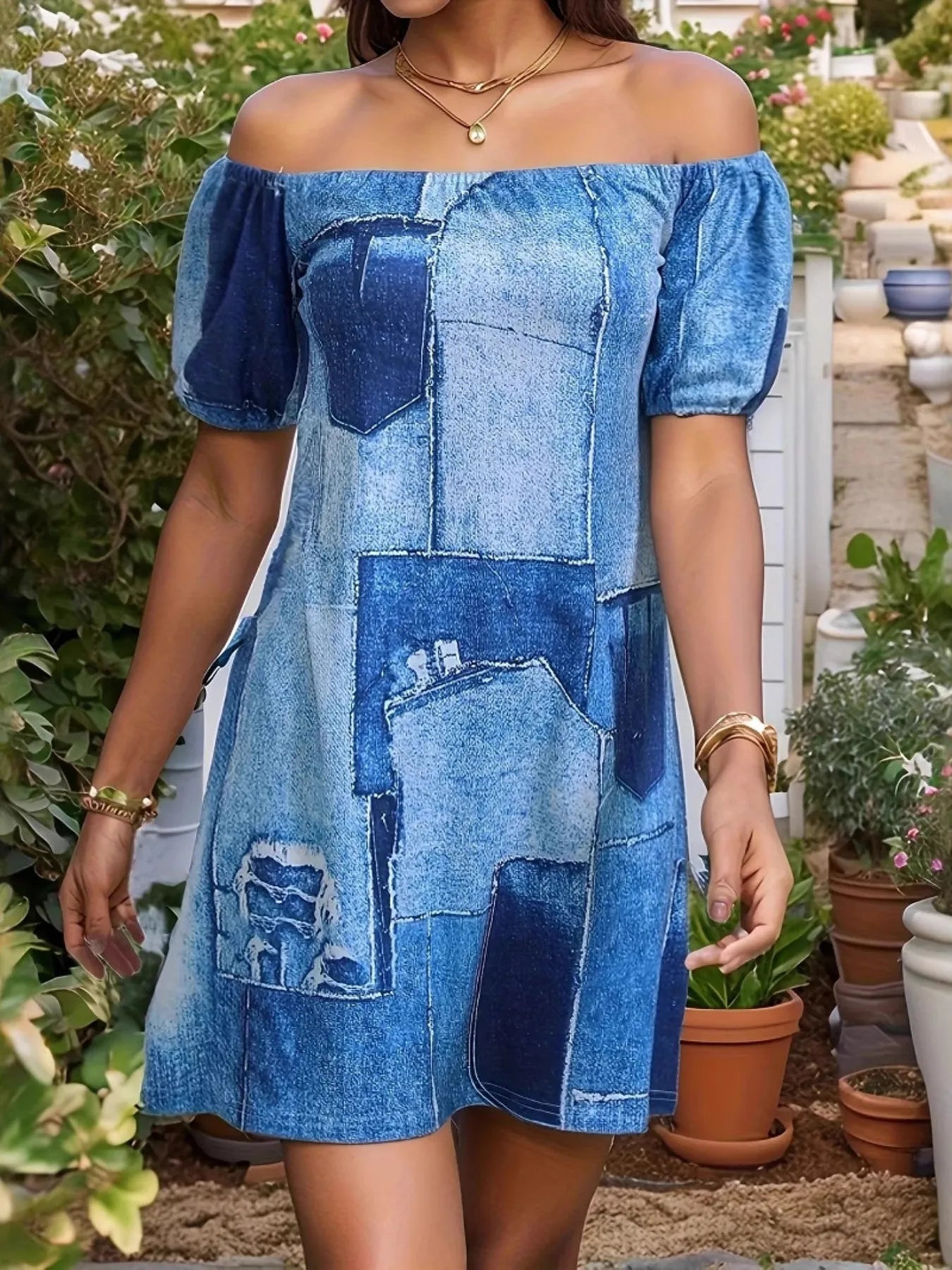 Trendy Off Shoulder Denim Mini Dress with Patchwork Detail - 100% Polyester, Machine Washable