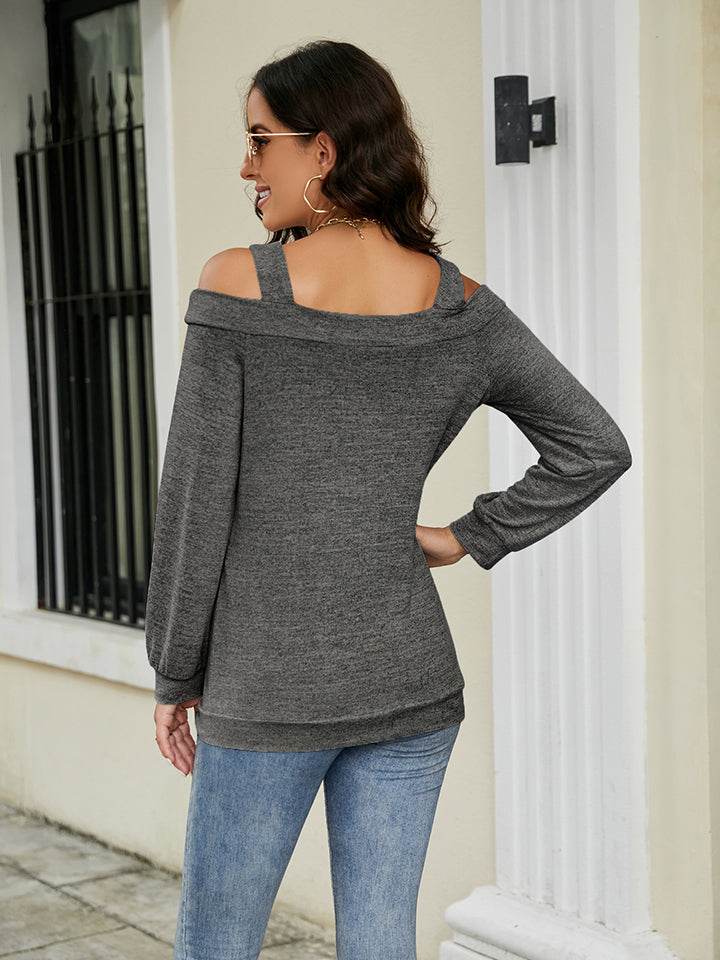 Trendy Cold Shoulder Cutout Blouse with Square Neck - Opaque & Slightly Stretchy Fabric - Store 42