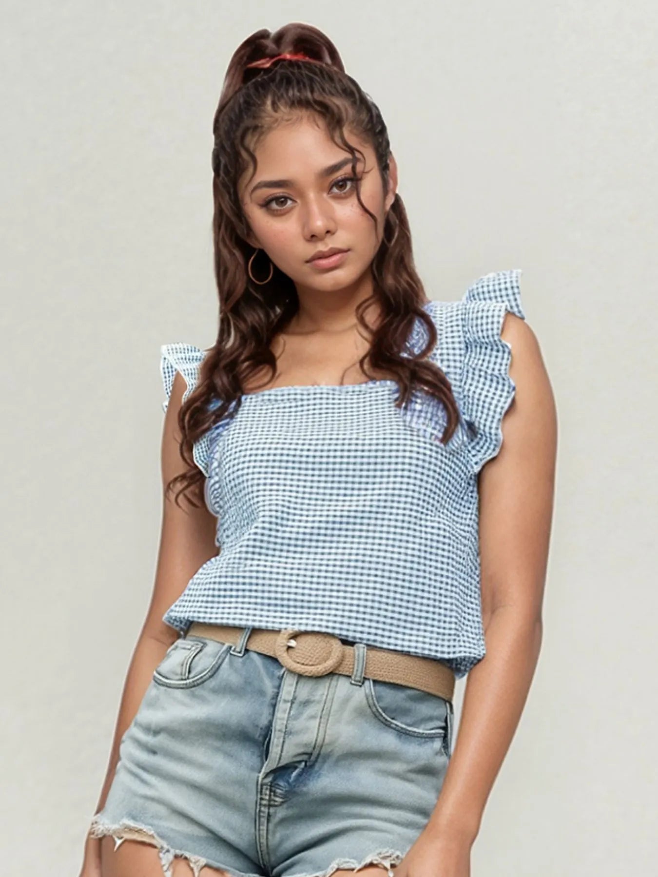 Ruffle Sleeve Gingham Top with Square Neck - 100% Polyester, Sizes S-2XL