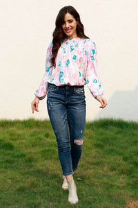 Elegant Floral Smocked Balloon Sleeve Blouse with Round Neck - 100% Polyester, Opaque - Store 42