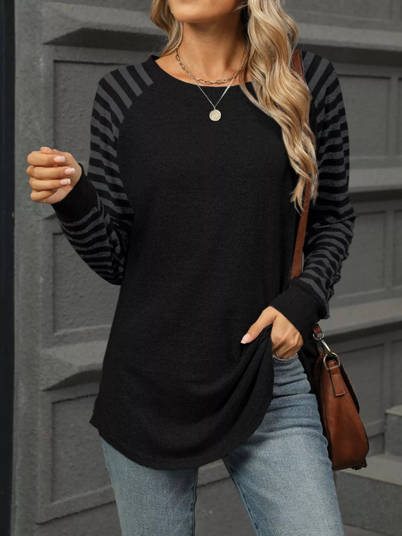 Trendy Striped Round Neck Raglan Sleeve T-Shirt - Slightly Stretchy Rayon Blend