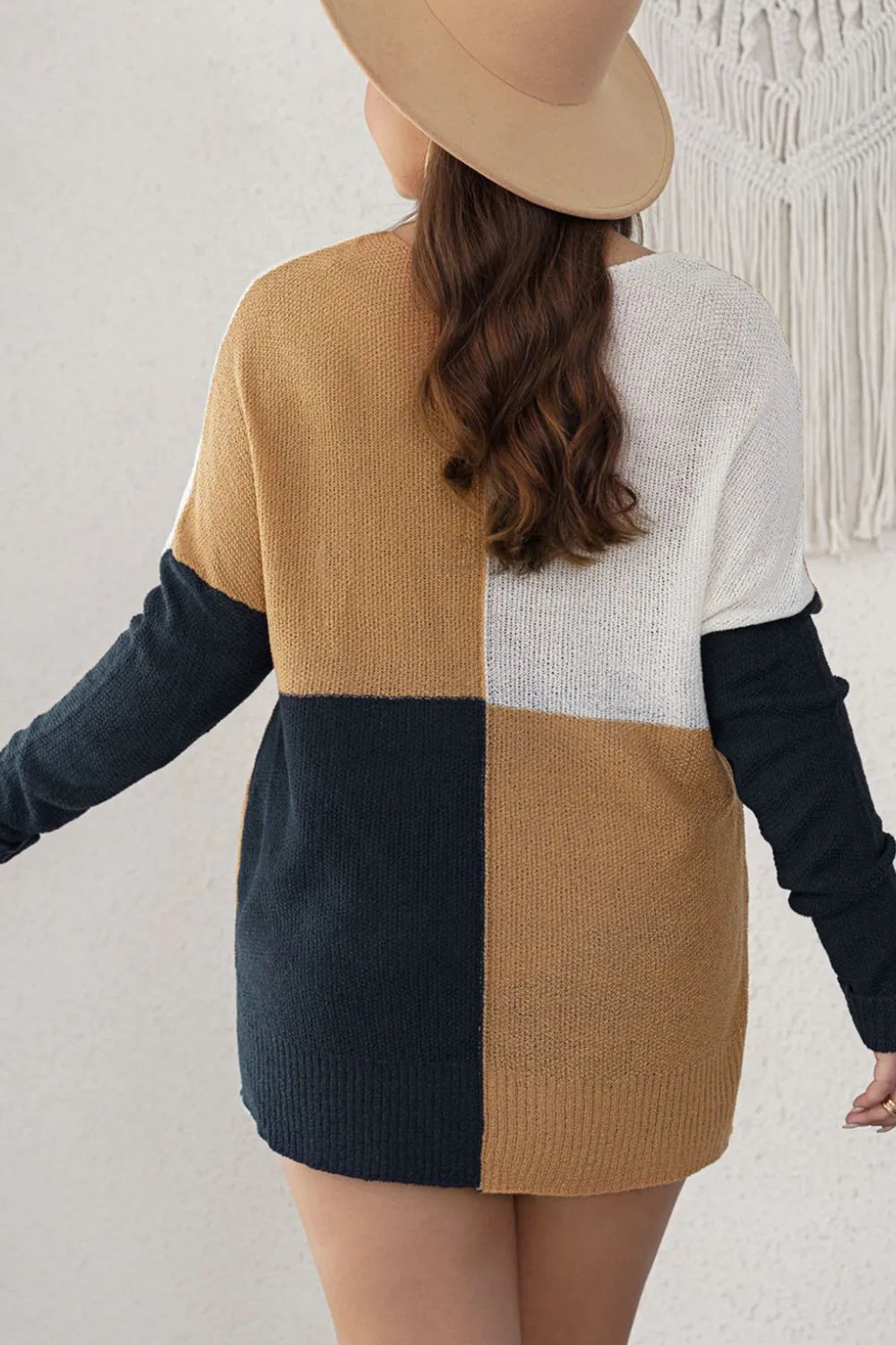 Plus Size 100% Acrylic Color Block Sweater with Round Neck, Slightly Stretchy, Trendy Style