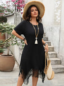 Plus Size Fringe Round Neck Short Sleeve Midi Tee Dress