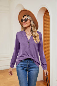 Trendsi Buttoned Notched Neck Long Sleeve Top - Slightly Stretchy Opaque Fabric - Store 42