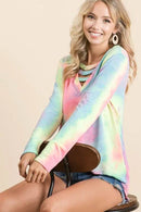 BiBi Tie Dye French Terry V-Neck Top with Strapped - Store 42