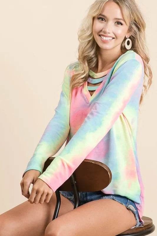 BiBi Tie Dye French Terry V-Neck Top with Strapped - Store 42