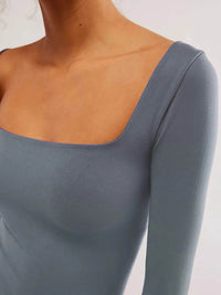 Sleek Square Neck Fitted Long Sleeve T-Shirt - Slightly Stretchy Polyester Blend - Store 42