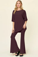 Double Take Full Size Round Neck Drop Shoulder T-Shirt and Flare Pants Set Deep Red