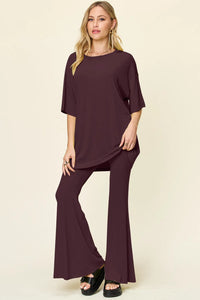 Double Take Full Size Round Neck Drop Shoulder T-Shirt and Flare Pants Set Deep Red
