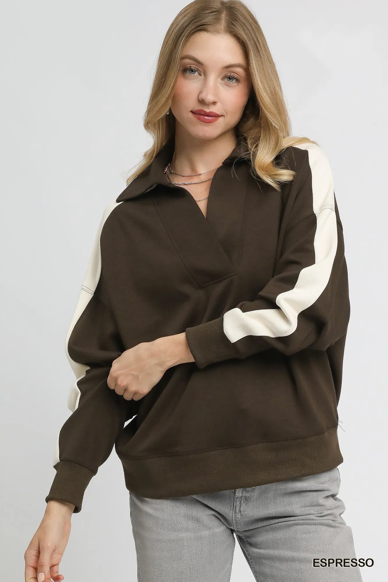 Umgee Color Block Polo Sweatshirt for Women - Oversized, Stylish, and Comfortable
