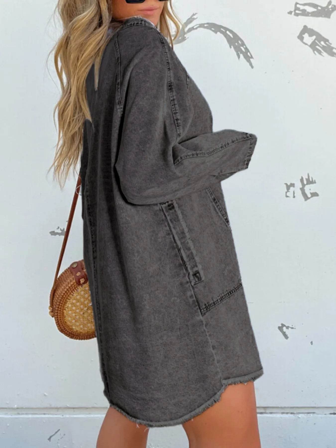 Full Size Button-Front Long Sleeve Denim Shirt Dress Plus Size - Store 42