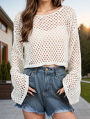 Openwork Round Neck Long Sleeve Cover Up Cream