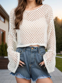 Openwork Round Neck Long Sleeve Cover Up Cream