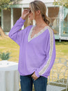 Ivy Lane Long Sleeve V-Neck Top with Lace Contrast and Dropped Shoulders - Store 42