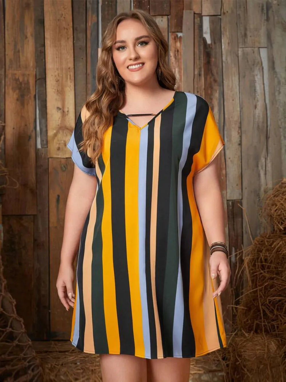 Trendsi Plus Size Striped Mini Dress with Short Sleeves and Moderate Stretch