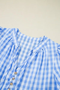 Gingham Short Sleeve Button Tie Split Neck Loose Mini Dress