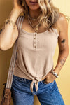Full Size Casual Ribbed Button-Front Tie-Hem Tank Top Plus Size Tan