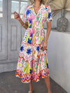 Devine Printed Johnny Collar Button Down Short Sleeve Midi Shirt Dress Multicolor
