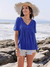Lace Detail Tie Neck Short Sleeve Top for Women - 100% Viscose, Ruched Design, Imported - Store 42