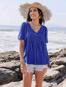 Lace Detail Tie Neck Short Sleeve Top for Women - 100% Viscose, Ruched Design, Imported - Store 42
