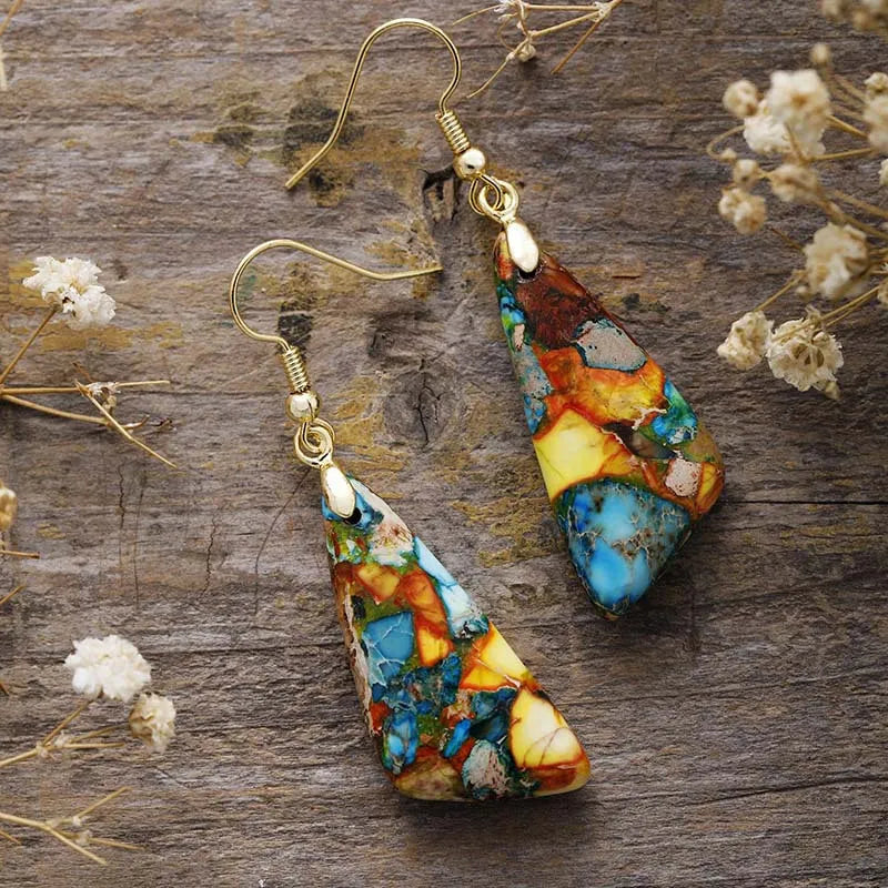 Trendsi Emperor-Stone Geometric Earrings - Copper & Unique Design - 2 Inch Long