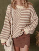 Stripe Checkerboard Drop Shoulder Balloon Sleeve Sweater