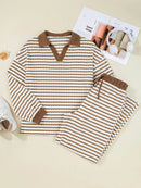 Sleek Stripe Collared Two-Piece Top and Drawstring Pant Set for Effortless Style - Store 42