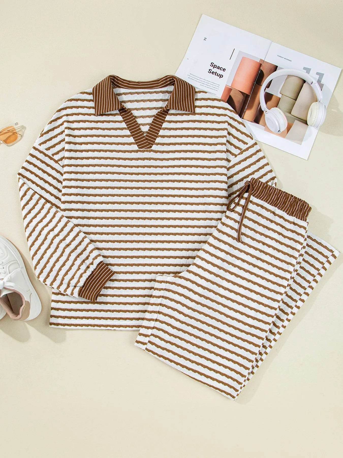 Sleek Stripe Collared Two-Piece Top and Drawstring Pant Set for Effortless Style - Store 42