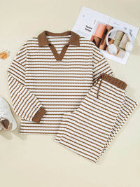 Sleek Stripe Collared Two-Piece Top and Drawstring Pant Set for Effortless Style - Store 42