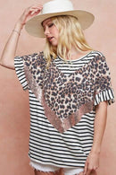 BiBi Stripe Rayon Span Knit Color Block Top With Leopard - Store 42