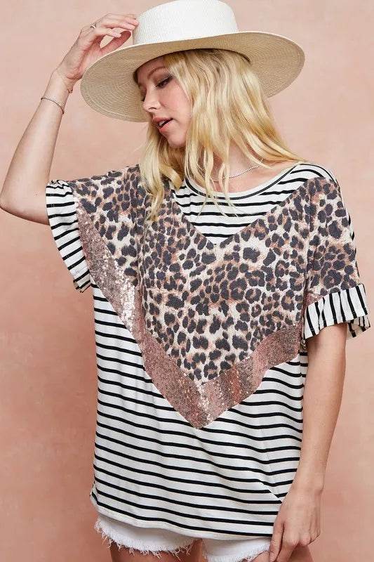 BiBi Stripe Rayon Span Knit Color Block Top With Leopard