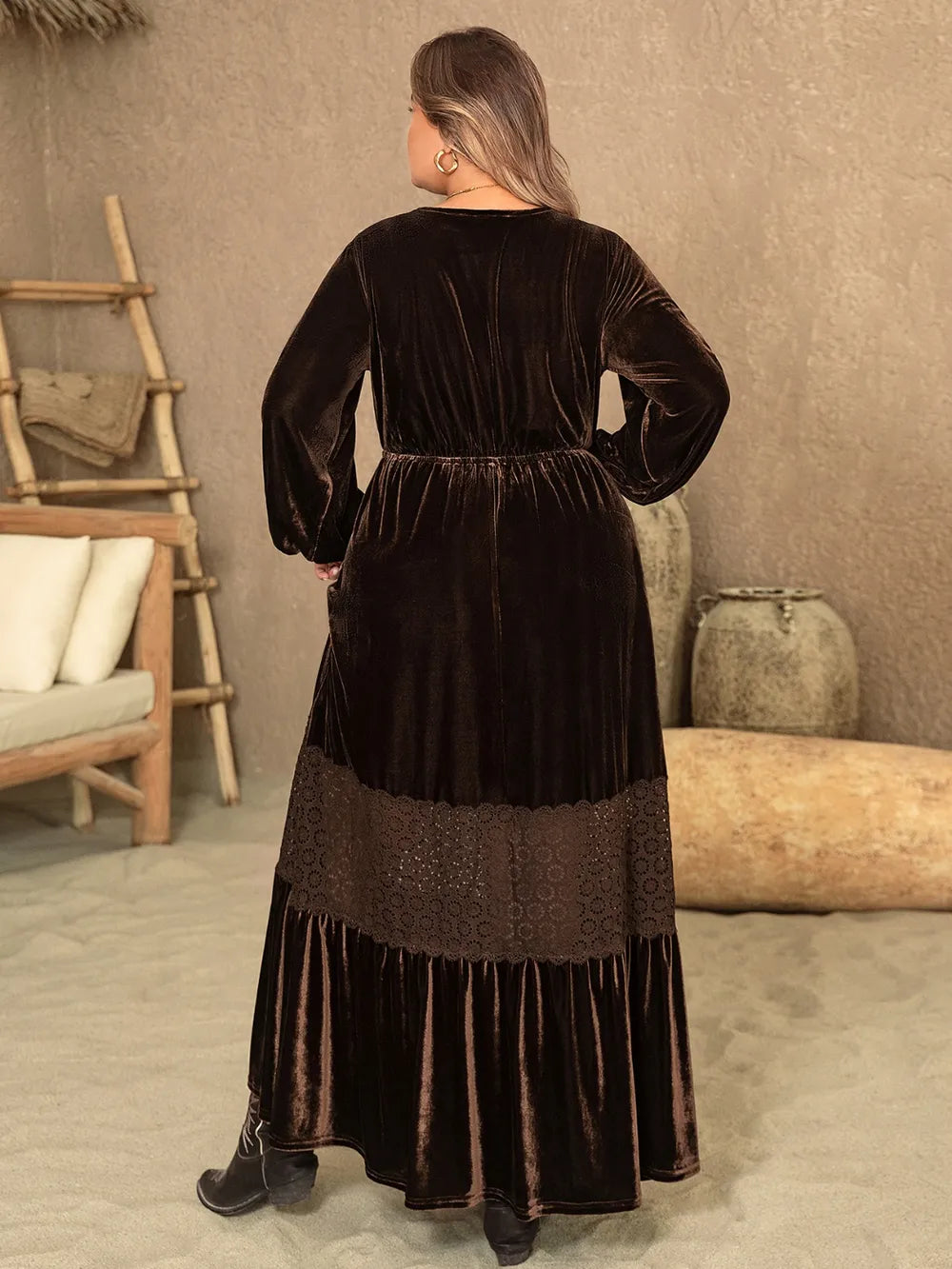 Plus Size V-Neck Balloon Sleeve Maxi Dress, Opaque, 95% Polyester, Stylish and Comfortable