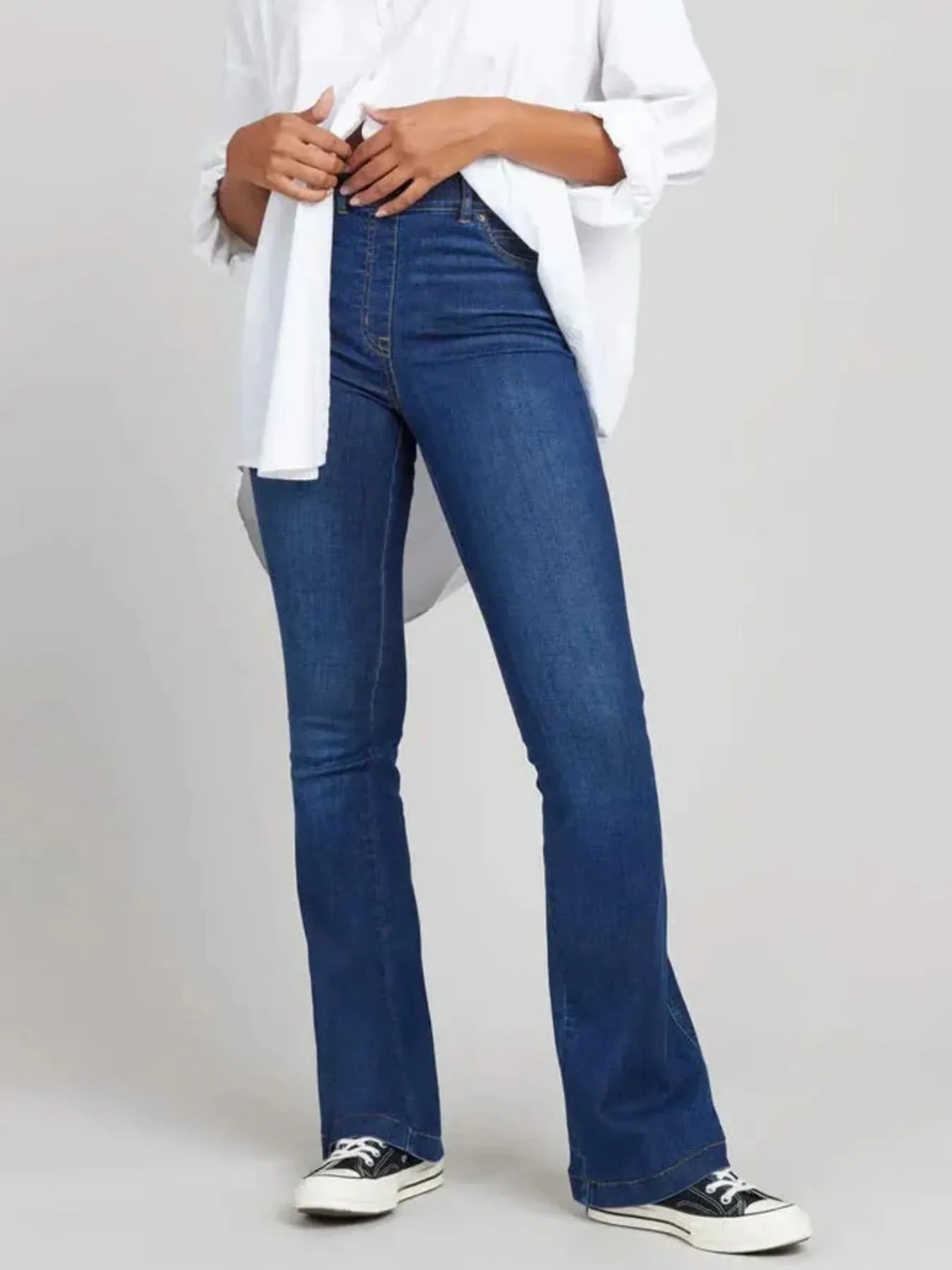 Plus Size Full Length High-Waisted Flare Jeans with Pockets - Slightly Stretchy Cotton Blend