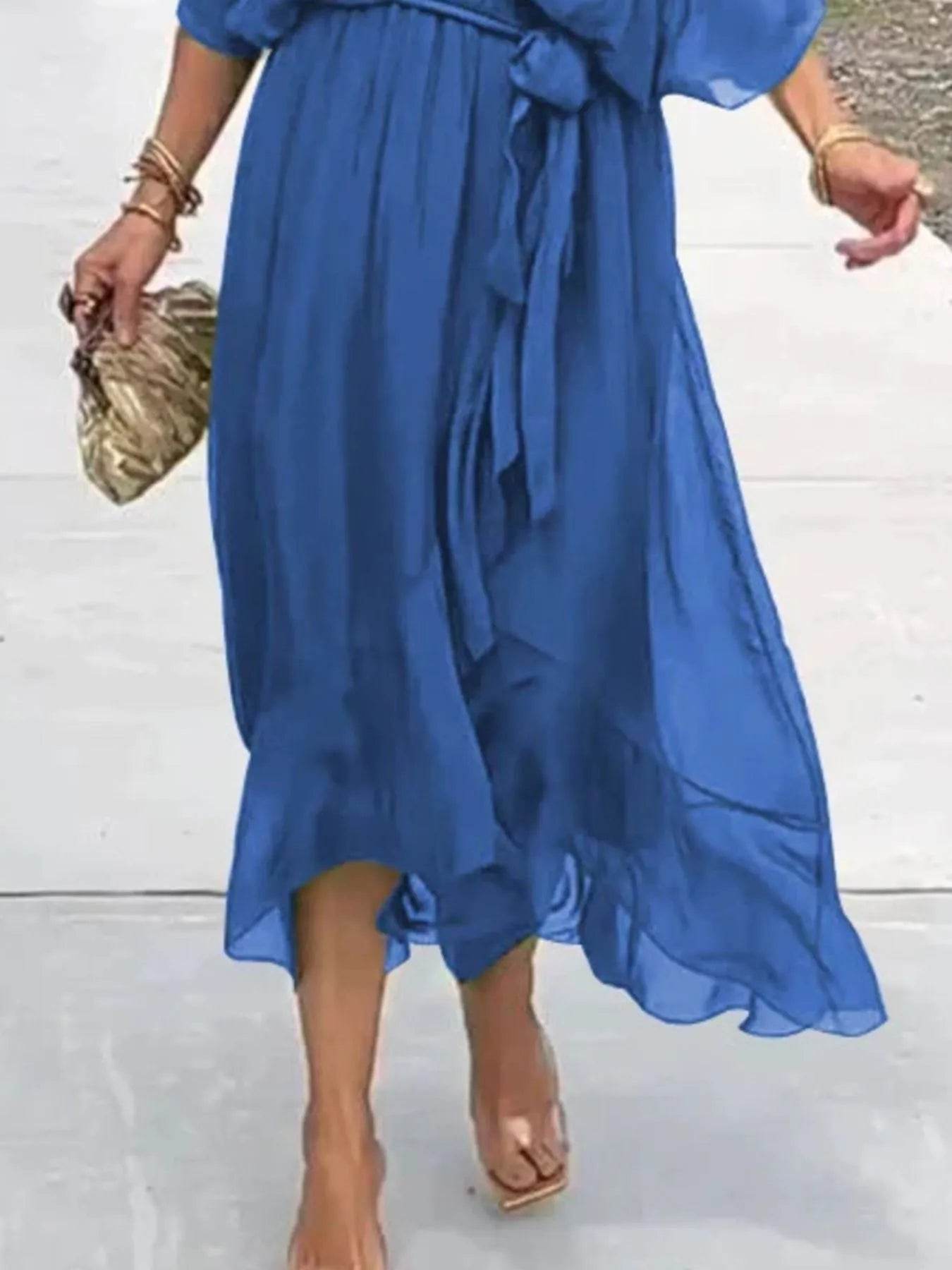 Full Size Flowy Tie Front Midi Dress with Flutter Sleeves Plus Size - Store 42