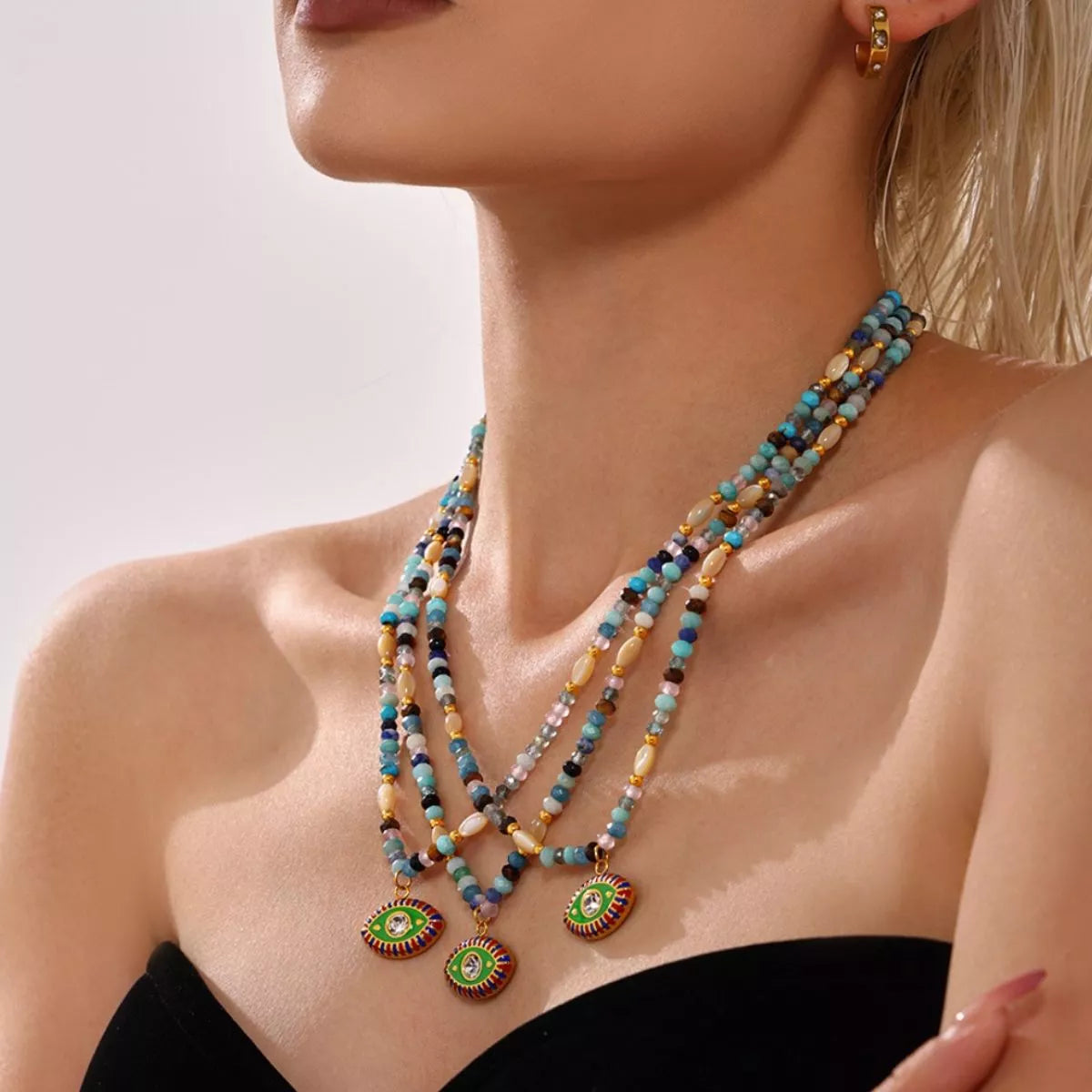Zircon Bead Evil Eye Pendant Necklace
