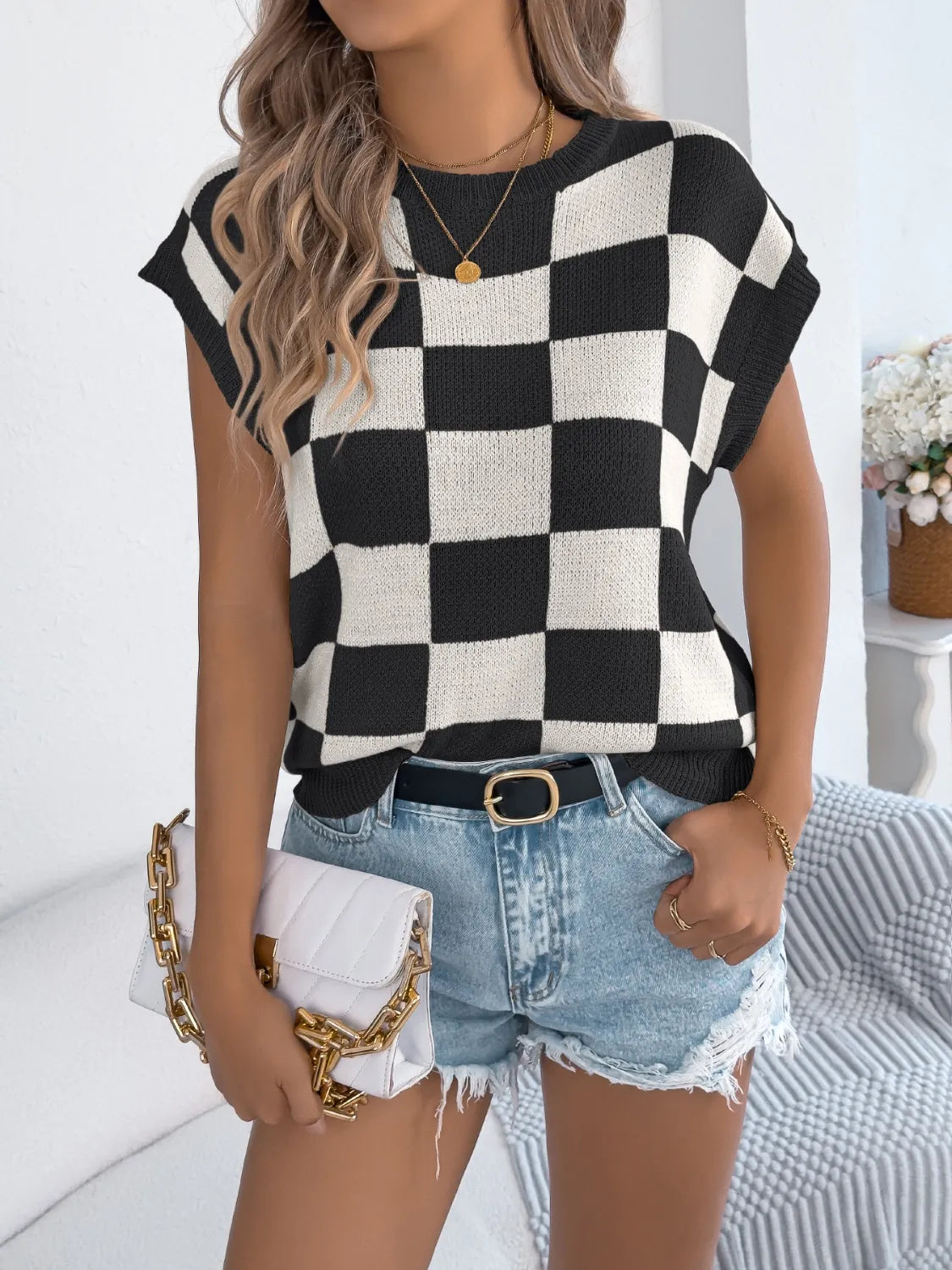 Checkered Round Neck Cap Sleeve Knit Top