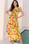 Cheetah Plant Print Shirred Button V Neck Maxi Dress Yellow